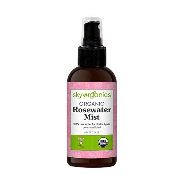 Sky Organics Eau de Rose-Toner4oz 100% Pure, Distilled BIO Rosewater toner pour le visage et cheveaux Meilleur Doux Nettoyant