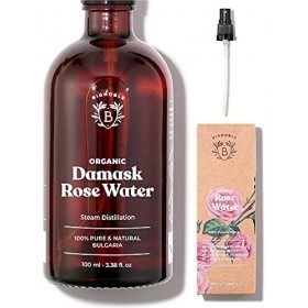 Bionoble Eau de Rose Bio 100ml - Hydrolat de Rose de Damas 100% Pur et Naturel - Rose Water - Bouteille en Verre + Spray & Hu