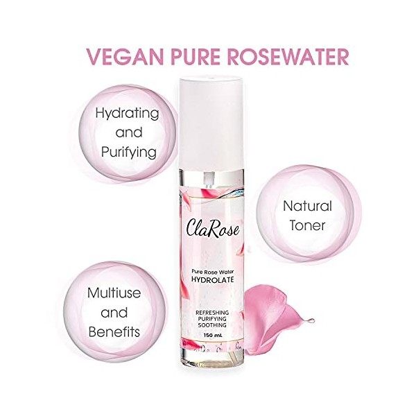 ClaRose - Eau de rose biologique 100 % naturelle, lotion tonique hydratante et purifiante vegan . 150 ml