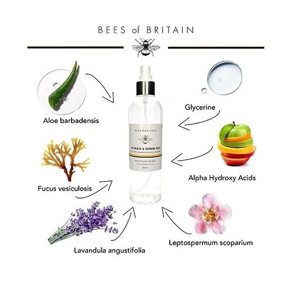 99% Naturelle EAU FLORALE - HYDRATE & RENOUVELLE - ALOE VERA, MANUKA & LAVANDE - 250ml par BEES of BRITAIN. Rafraîchir, Hydra