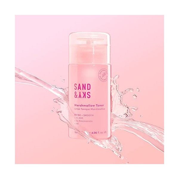 Tonique Sand & Sky Marshmallow | Tonique facial hydratant et exfoliant pour éclaircir la peau | Resserrement des pores, minim