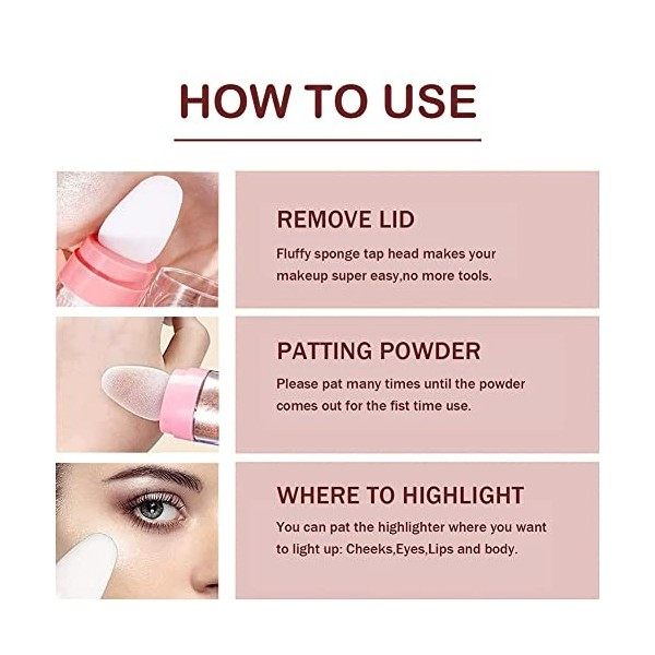 Highlight Poudre Tapotante,Shimmer Visage et Corps Surligneur Poudre Stick,Highlighter Illuminateur Stick,Bombe Paillette Che