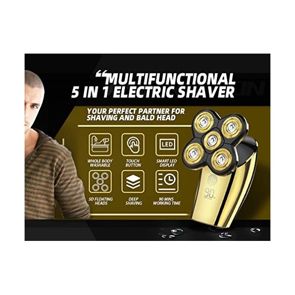 Rasoir électrique pour homme, rasoir électrique rechargeable pour homme, rasoirs de tête 5 en 1 pour rasoirs chauves, humides