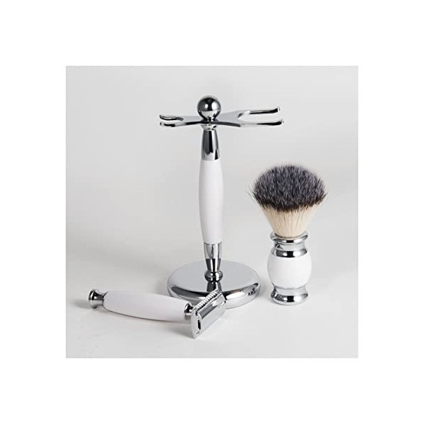 WWWFZS Kit de Rasage de Luxe, Blaireau, Rasoir et Support de Brosse chromés et Rasoir de sûreté chromé à Double Tranchant