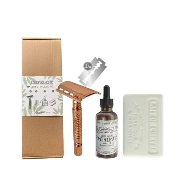 kit de rasage green-goose® | CareBox Shave Pack | Rasoir classique en or rose | 10 rasoirs | Huile de rasage | Soins Savon au