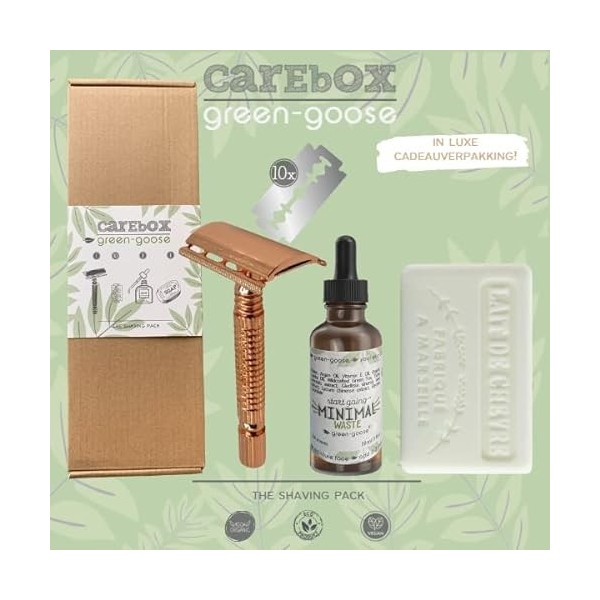kit de rasage green-goose® | CareBox Shave Pack | Rasoir classique en or rose | 10 rasoirs | Huile de rasage | Soins Savon au
