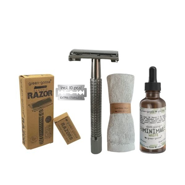 kit de rasage green-goose® | CareBox Shave Pack | Rasoir classique noir | 10 rasoirs | Huile de rasage | Soins Savon au lait 