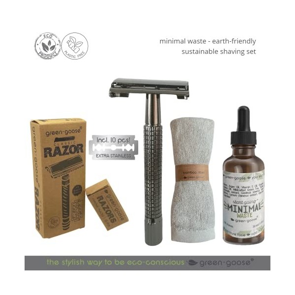 kit de rasage green-goose® | CareBox Shave Pack | Rasoir classique noir | 10 rasoirs | Huile de rasage | Soins Savon au lait 