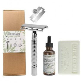 kit de rasage green-goose® | CareBox Shave Pack | Rasoir classique en acier inoxydable | 10 rasoirs | Huile de rasage | Soins
