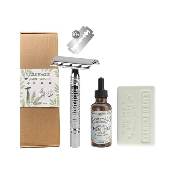 kit de rasage green-goose® | CareBox Shave Pack | Rasoir classique en acier inoxydable | 10 rasoirs | Huile de rasage | Soins