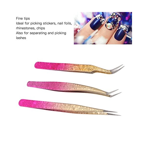 3 Pièces Pince à Cils, Pince à épiler Nail Art, Pointes Droites En Acier Inoxydable Pince à Strass De Manucure De Couleur Dég