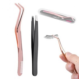 Lot de 2 pinces à épiler, outil de maquillage pour extensions de cils avec poignée ergonomique avec peigne à épiler à sourcil