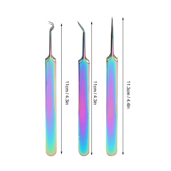 Pince à épiler pour Nail Art en Acier Inoxydable 3pcs, Pince à épiler pour Faux Cils, Ensemble de Pincettes Portables Colorée