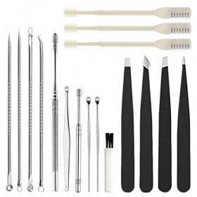 17 pièces Outils de Beauté, 4 Outil de suppression des points noirs Extracteur de comédons boutons, 6 Cure-oreille Kit délim
