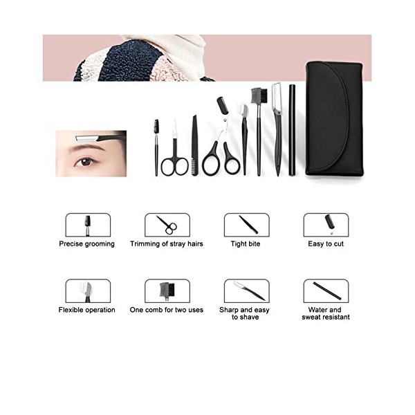 Kit de Toilettage des Sourcils 8 Pièces, Kit de Coupe des Sourcils en Acier Inoxydable avec Sac de Rangement Comprenant des C