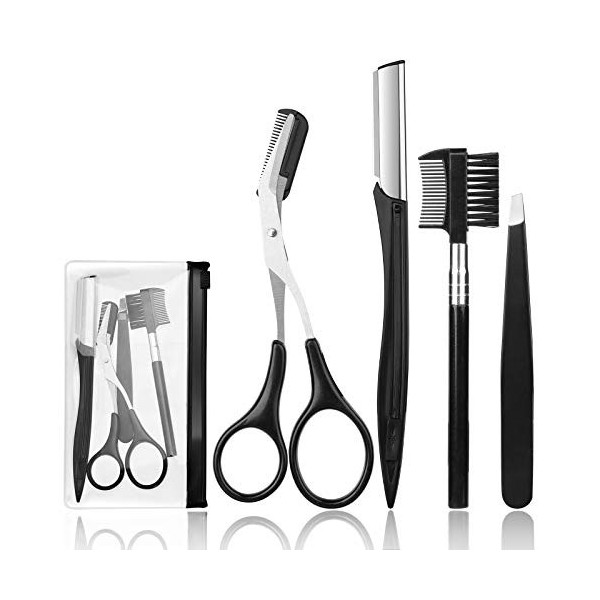 Kit de toilettage pour sourcils 4 pièces avec pince à épiler, ciseaux, rasoir et brosse à sourcils pour homme et femme