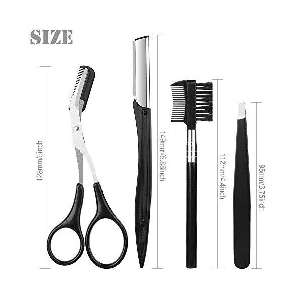 Kit de toilettage pour sourcils 4 pièces avec pince à épiler, ciseaux, rasoir et brosse à sourcils pour homme et femme