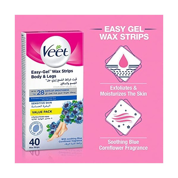 Veet Lot de 40 Bandes de Cire pour Peaux Sensibles pour Corps et Jambes, 20 Bandes Double Face, Emballage Aléatoire 