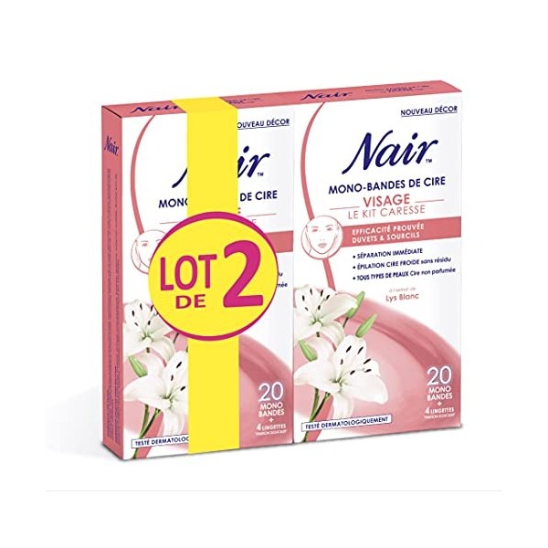 Nair - Lot de 2 Kit Caresse Spécial Visage - 20 Mono-bandes de Cire Froide - Duvet et sourcils - Sans résidus