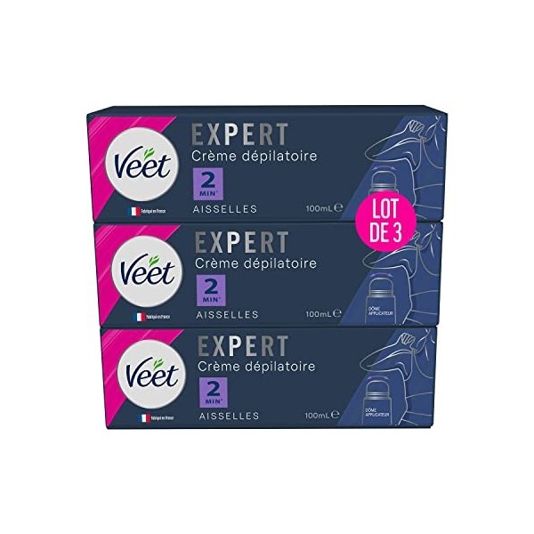 VEET EXPERT - Lot de 3 Crèmes Dépilatoire Aisselles avec Dôme Applicateur - Agit en 2min - 3 x 100ml