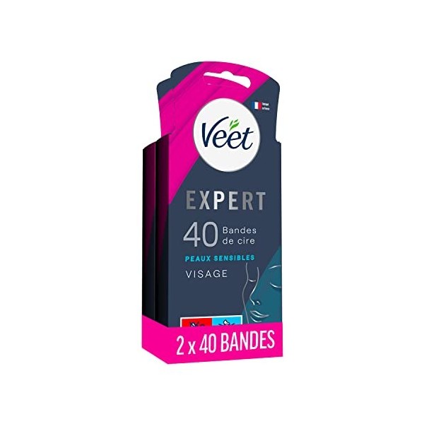 Veet EXPERT - 80 Bandes de Cire Froide Visage - Peaux Sensibles - Finition Parfaite - Epilation Longue Durée - Lot de 2x40 ba