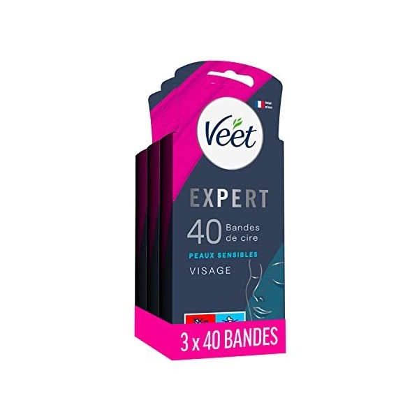 Veet EXPERT - 80 Bandes de Cire Froide Visage - Peaux Sensibles - Finition Parfaite - Epilation Longue Durée - Lot de 2x40 ba