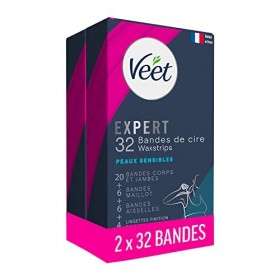Veet EXPERT - Lot de 64 Bandes De Cire Froide Coffret Jambes, Maillot & Aisselles - Peaux Sensibles - Finition Parfaite - Epi