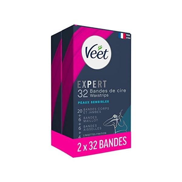 Veet EXPERT - Lot de 64 Bandes De Cire Froide Coffret Jambes, Maillot & Aisselles - Peaux Sensibles - Finition Parfaite - Epi