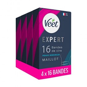 Veet EXPERT - 64 Bandes de Cire Froide Maillot - Peaux Sensibles - Finition Parfaite - Epilation Longue Durée - Lot de 4x16 b