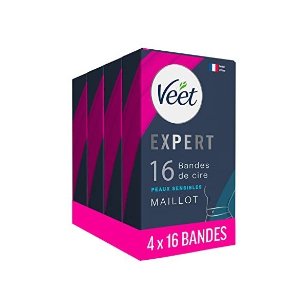 Veet EXPERT - 64 Bandes de Cire Froide Maillot - Peaux Sensibles - Finition Parfaite - Epilation Longue Durée - Lot de 4x16 b