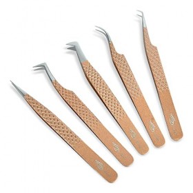 ZAMAHA UK Lot de 5 pinces à épiler japonaises pour extensions de cils - En acier inoxydable - Droite incurvée - Pointe coudée