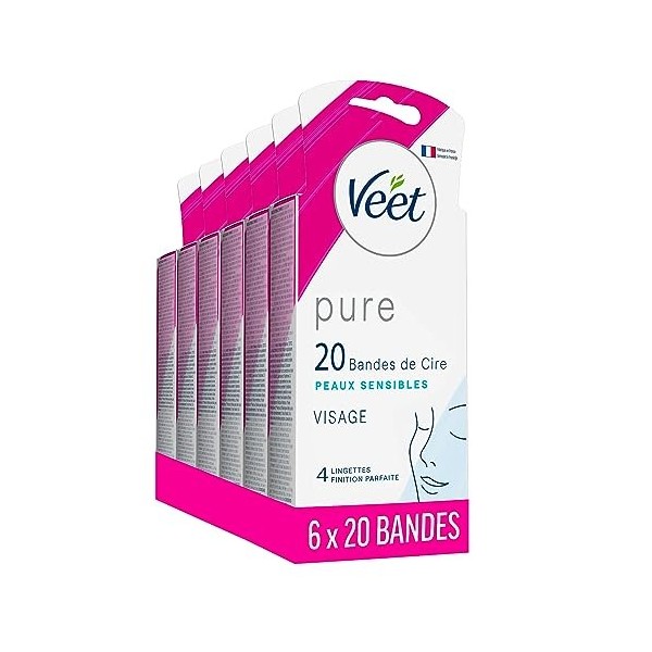 VEET PURE - 120 Bandes de cire froide Visage - Peaux Sensibles - Recommandés par les Dermatologues - Epilation Longue Durée -