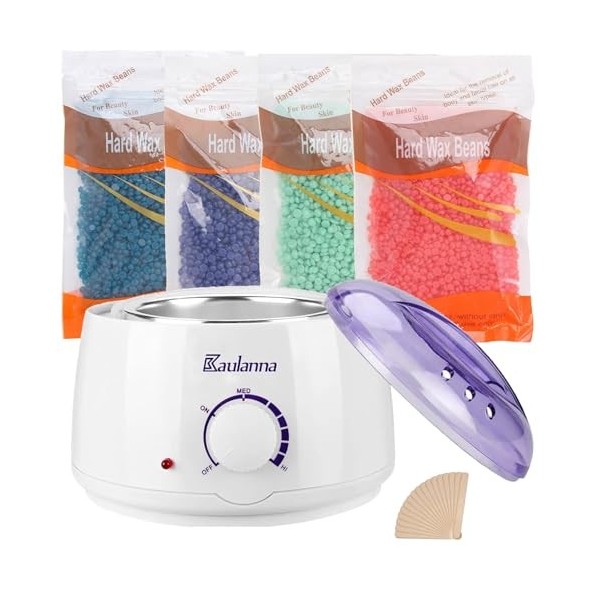 Chauffe Cire Épilatio,Kit Epilation Cire Professionnel avec 400g Cire Epilation Perle/20 Spatules en Bois 5 Moules à usage un