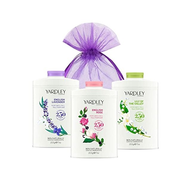 Yardley London English Lavender Talc, Lily of The Valley Talc et poudre de talc rose anglaise Lot de 3 paquets pour femme 3 