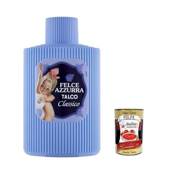 PAGLIERI Felce Azzurra Talco Classico Lot de 12 boîtes de talc pour le corps 200 g + Polpa italien Gourmet 400 g