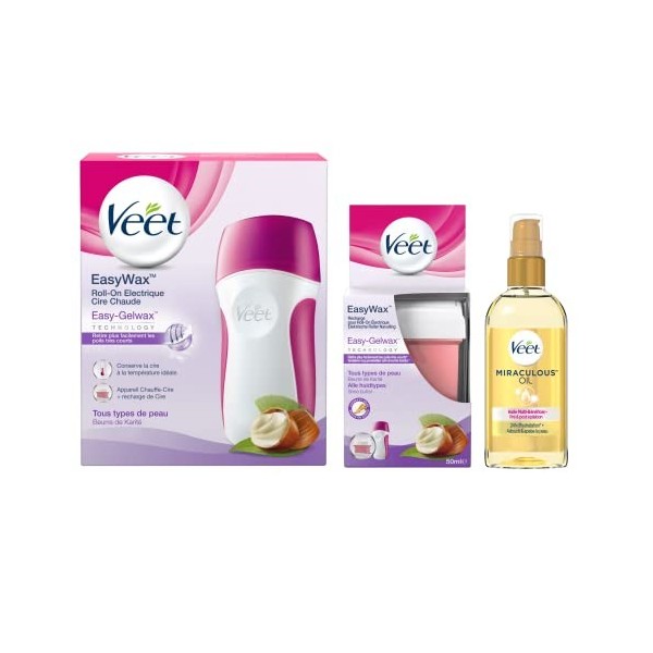 VEET - Kit Epilation - Roll-on Easy Wax - 1 Recharge 50ml - 1 Huile Hydratante Post Epilation