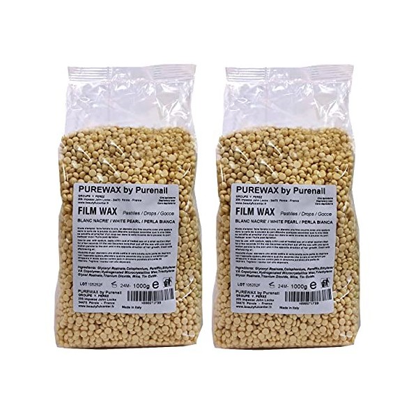 Purewax | 2 sachets d’1 kg de Perles de cire à épiler pelable BLANC NACRE, épilation sans bande - soit 2 kg