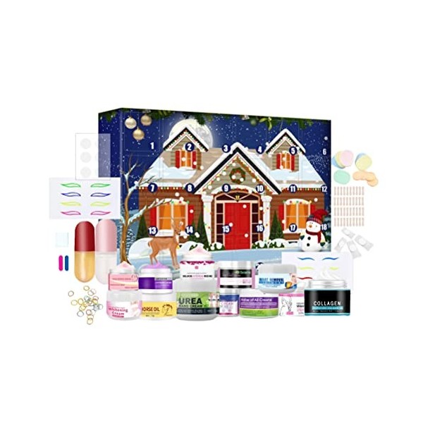 Ozgkee Christmas Boite Cadeau Calendrier de LAvent de Noël Comprenant un Autocollant pour les Ongles et une Crème Calendrier