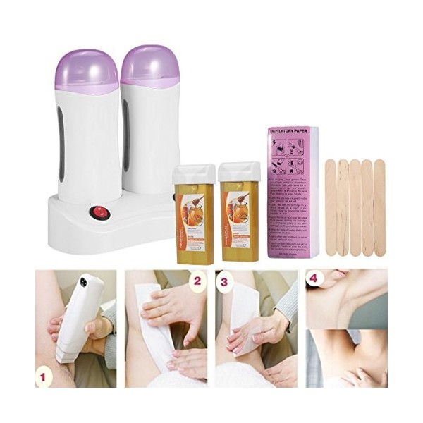 Cire d’épilation Kit chauffe-cire - Double Roll-On de cire, système pour chauffer la cire+ spatules en bois + Bandes de papie