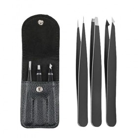 JR Joyreap Lot de 3 pinces à épiler professionnelles en acier inoxydable avec étui de voyage tendance en cuir noir 