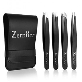ZERNBER Lot de 4 pinces à épiler de précision en acier inoxydable avec sac en cuir, pinces à sourcils pour poils du visage, c