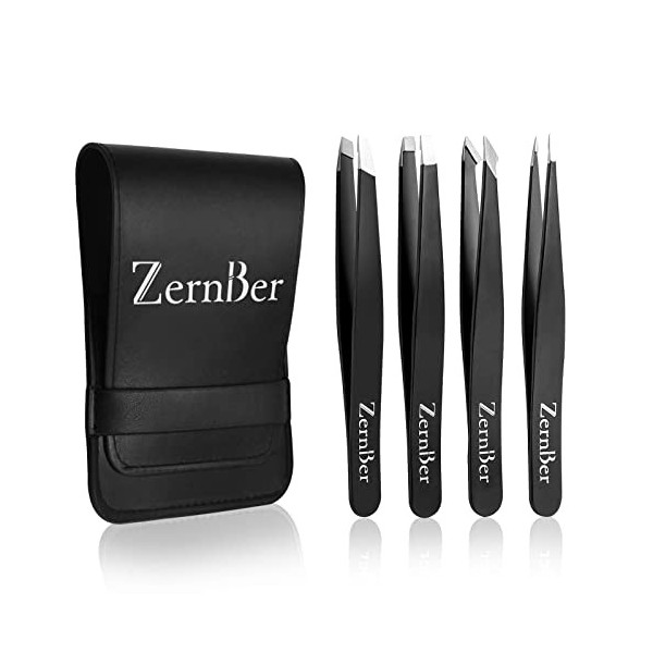 ZERNBER Lot de 4 pinces à épiler de précision en acier inoxydable avec sac en cuir, pinces à sourcils pour poils du visage, c