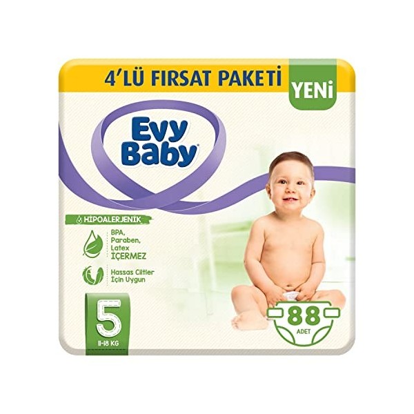 Bebek Bezi 5 Beden Junior 11-18 kg % 100 Doğal Pamuk, 4lü Fırsat Paketi, 88 Adet