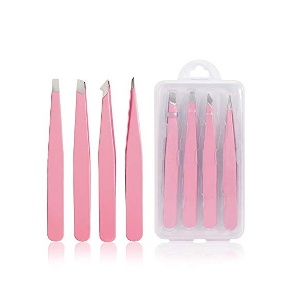 Lot de 4 pinces à épiler professionnelles en acier inoxydable, pince de précision pour sourcils, poils du visage, poils incar