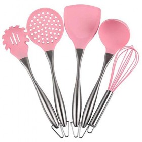 ZHENAO Ustensiles de Cuisine Set 5 Piece Cuisson Nutensiles de Silicone Et DAcier Inoxydable Kit Pour, Cuillère, Serveur de 