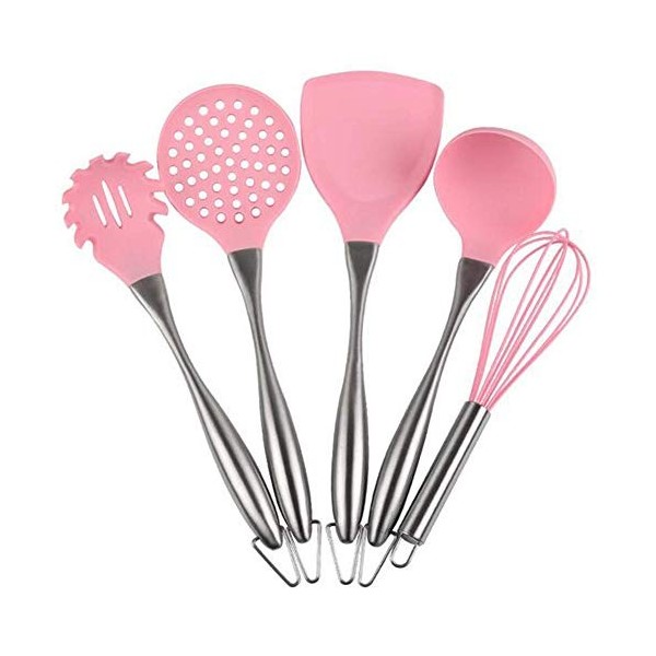 ZHENAO Ustensiles de Cuisine Set 5 Piece Cuisson Nutensiles de Silicone Et DAcier Inoxydable Kit Pour, Cuillère, Serveur de 