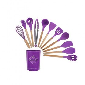 ZHENAO Cuisson 11Pcs Silicone Cuisson Ustensiles Set Spatula No-Stick Spatule Poeuf Poignée En Bois Outils de Cuisson Ensembl