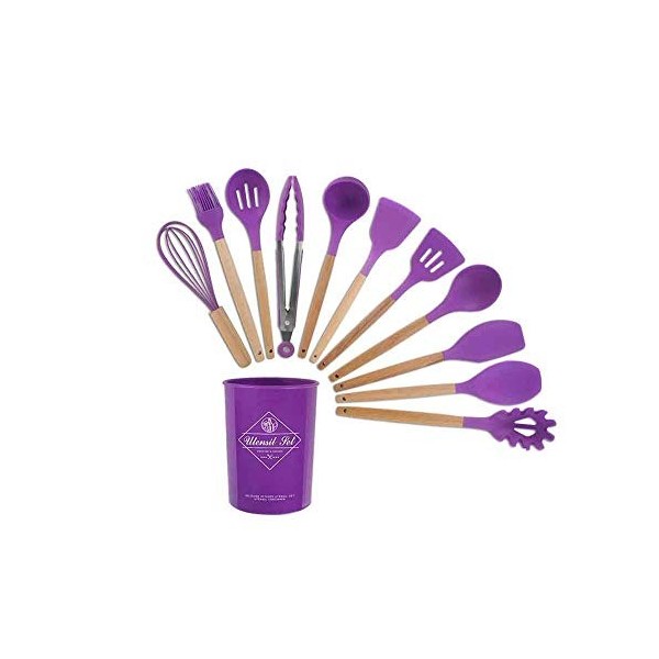 ZHENAO Cuisson 11Pcs Silicone Cuisson Ustensiles Set Spatula No-Stick Spatule Poeuf Poignée En Bois Outils de Cuisson Ensembl