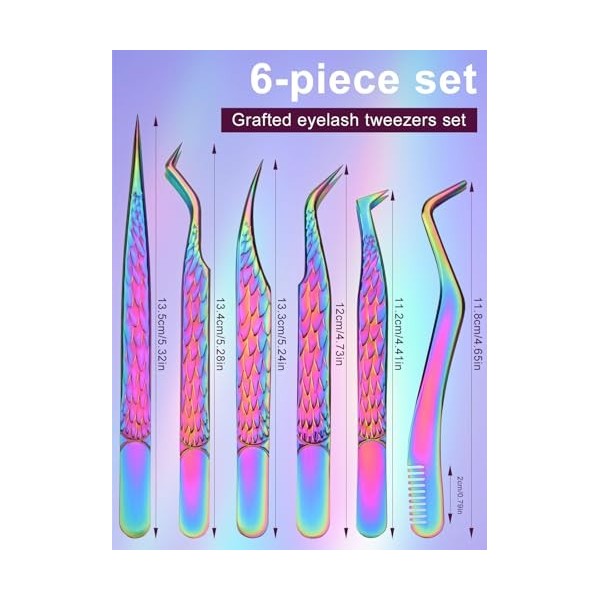 TOROKOM Lot de 6 pinces à épiler colorées en acier inoxydable pour extensions de cils