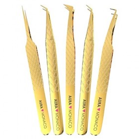 AURA Monaco Lot de 5 pinces à épiler de qualité supérieure - Pour extensions de cils